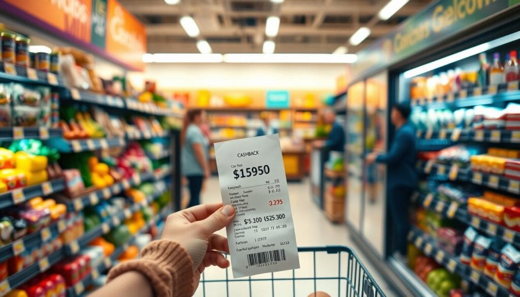 A vibrant and dynamic scene showcasing the benefits of cashback on groceries. In the foreground, a shopper's hands hold a receipt, highlighting the cashback amount. The middle ground features a well-stocked grocery store aisle, with colorful produce, packaged goods, and a friendly cashier. In the background, a warm, inviting lighting illuminates the scene, creating a sense of comfort and savings. The overall atmosphere conveys the ease and satisfaction of earning cashback on everyday purchases, perfectly capturing the essence of the "Cashback Apps for Groceries" section. A vibrant and dynamic scene showcasing the benefits of cashback on groceries. In the foreground, a shopper's hands hold a receipt, highlighting the cashback amount. The middle ground features a well-stocked grocery store aisle, with colorful produce, packaged goods, and a friendly cashier. In the background, a warm, inviting lighting illuminates the scene, creating a sense of comfort and savings. The overall atmosphere conveys the ease and satisfaction of earning cashback on everyday purchases, perfectly capturing the essence of the "Cashback Apps for Groceries" section.
