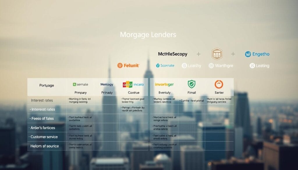 A vibrant and informative infographic depicting the pros and cons of different mortgage lenders. In the foreground, a clean table layout highlights key factors to consider, such as interest rates, fees, and customer service. The middle ground showcases various lender logos, each with an icon representing their unique strengths and weaknesses. The background features a muted cityscape, conveying the financial landscape in which these lenders operate. The lighting is soft and diffused, creating a sense of balance and professionalism. The overall composition is designed to be visually engaging and easy to comprehend, guiding the viewer through the complexities of the mortgage landscape.