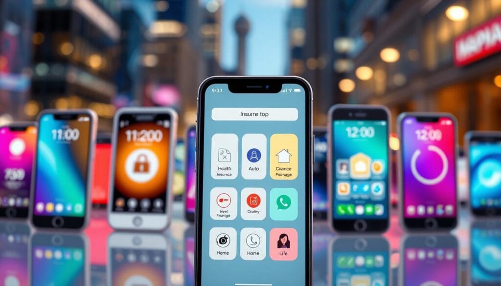 A vibrant array of mobile device screens showcasing various types of on-demand insurance apps. In the foreground, a sleek smartphone displays an app interface with icons representing different insurance coverage options like health, auto, home, and life. In the middle ground, additional devices depict similar app UIs, each highlighted by dynamic lighting and crisp, high-resolution rendering. The background features a blurred cityscape, subtly underscoring the modern, connected nature of these insurance solutions. The overall scene conveys a sense of convenience, accessibility, and the seamless integration of insurance services into our digital lives.