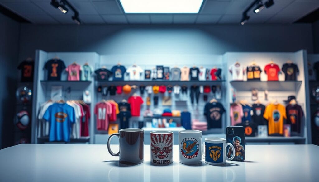 A vibrant array of print-on-demand products, including t-shirts, mugs, and phone cases, presented in a sleek, modern display. The foreground features several items showcased on a clean, minimalist surface, bathed in soft, directional lighting that accentuates their detailed designs. In the middle ground, a diverse selection of customizable products is neatly arranged, inviting the viewer to explore the possibilities. The background is a serene, studio-like environment, with subtle textures and gradients that create a sense of depth and professionalism, conveying the lucrative potential of this online business opportunity.