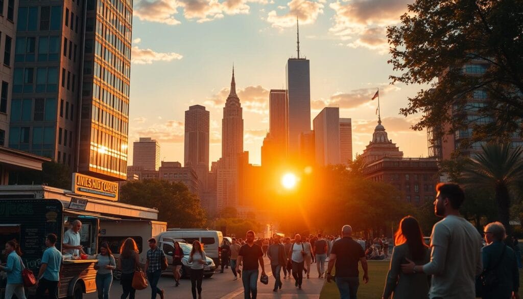 A vibrant cityscape at dusk, the skyline illuminated by the golden glow of the setting sun. In the foreground, a bustling street teeming with people engaged in a variety of side hustles - a food truck serving up delicious street food, a crafts vendor selling handmade wares, a group of musicians playing lively tunes, and a tech-savvy individual working on a laptop. The middle ground features towering skyscrapers and the silhouettes of entrepreneurs hurrying to their next opportunity. The background is a serene park, where a lone figure contemplates their next lucrative venture. Soft, warm lighting casts a hopeful, energetic atmosphere, capturing the essence of thriving, profitable side hustles. A vibrant cityscape at dusk, the skyline illuminated by the golden glow of the setting sun. In the foreground, a bustling street teeming with people engaged in a variety of side hustles - a food truck serving up delicious street food, a crafts vendor selling handmade wares, a group of musicians playing lively tunes, and a tech-savvy individual working on a laptop. The middle ground features towering skyscrapers and the silhouettes of entrepreneurs hurrying to their next opportunity. The background is a serene park, where a lone figure contemplates their next lucrative venture. Soft, warm lighting casts a hopeful, energetic atmosphere, capturing the essence of thriving, profitable side hustles.
