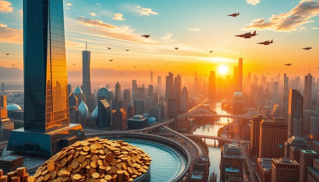 A vibrant cityscape depicting the dominance of stablecoins in the cryptocurrency market. In the foreground, a towering skyscraper made of solid gold coins, its base surrounded by a flowing river of different stablecoin symbols. The midground features a bustling financial district, with traders and investors navigating a sea of holographic stablecoin charts and graphs. In the background, a futuristic skyline of gleaming towers and flying vehicles, all bathed in a warm, golden glow from the setting sun. The scene conveys a sense of stability, security, and the growing influence of stablecoins in the ever-evolving world of digital finance. A vibrant cityscape depicting the dominance of stablecoins in the cryptocurrency market. In the foreground, a towering skyscraper made of solid gold coins, its base surrounded by a flowing river of different stablecoin symbols. The midground features a bustling financial district, with traders and investors navigating a sea of holographic stablecoin charts and graphs. In the background, a futuristic skyline of gleaming towers and flying vehicles, all bathed in a warm, golden glow from the setting sun. The scene conveys a sense of stability, security, and the growing influence of stablecoins in the ever-evolving world of digital finance.