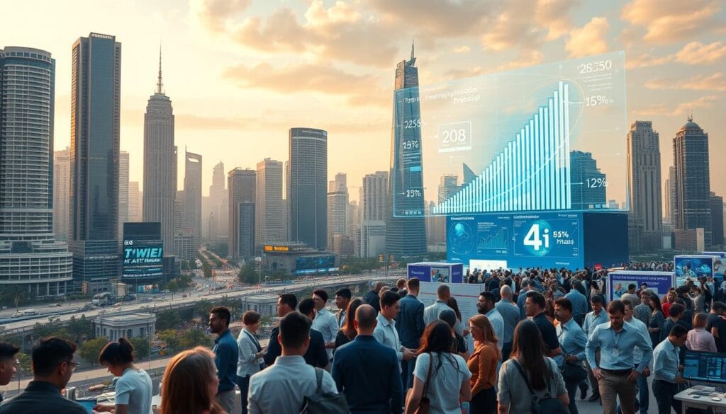 A vibrant cityscape with towering skyscrapers and bustling streets, showcasing the dynamic growth of the AI industry. In the foreground, a diverse group of professionals engrossed in their work, developing cutting-edge AI applications and solutions. The middle ground features a bustling job fair, with recruiters and job-seekers networking and exploring the numerous career opportunities in the field. In the background, a towering holographic display projecting the projected growth and financial potential of the AI sector, illuminating the vast possibilities for professional and financial advancement. Soft, warm lighting casts a sense of optimism and opportunity, capturing the essence of the AI industry's promising future.