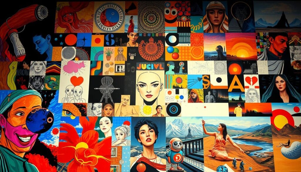 A vibrant collage of diverse AI art styles, showcasing the creative potential of machine-generated artwork. The foreground features bold, abstract compositions with vivid colors and dynamic brush strokes, reminiscent of expressionist and surrealist painting techniques. In the middle ground, intricate, detailed illustrations with a digital aesthetic blend seamlessly with photorealistic portraits, demonstrating the range of AI-powered visual styles. The background is a kaleidoscope of geometric patterns, glitch effects, and futuristic landscapes, evoking the cutting-edge nature of AI-generated art. The overall scene is illuminated by a warm, ambient lighting that enhances the sense of depth and dimensionality, creating a captivating and visually striking representation of the "Popular Styles and Artistic Trends" in the world of AI art. A vibrant collage of diverse AI art styles, showcasing the creative potential of machine-generated artwork. The foreground features bold, abstract compositions with vivid colors and dynamic brush strokes, reminiscent of expressionist and surrealist painting techniques. In the middle ground, intricate, detailed illustrations with a digital aesthetic blend seamlessly with photorealistic portraits, demonstrating the range of AI-powered visual styles. The background is a kaleidoscope of geometric patterns, glitch effects, and futuristic landscapes, evoking the cutting-edge nature of AI-generated art. The overall scene is illuminated by a warm, ambient lighting that enhances the sense of depth and dimensionality, creating a captivating and visually striking representation of the "Popular Styles and Artistic Trends" in the world of AI art.