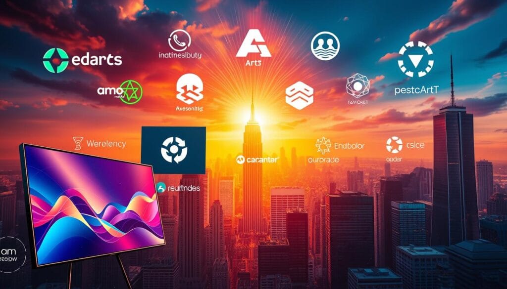 A vibrant collage of leading AI art platforms, showcasing their distinct branding and features. In the foreground, sleek digital art canvases and intuitive user interfaces command attention. In the middle ground, platform logos and iconic symbols float, radiating a sense of innovation and creativity. The background features a dynamic cityscape of skyscrapers, symbolizing the global reach and technological prowess of these platforms. Warm, saturated colors and a futuristic, neon-infused aesthetic convey the excitement and potential of the AI art revolution. A vibrant collage of leading AI art platforms, showcasing their distinct branding and features. In the foreground, sleek digital art canvases and intuitive user interfaces command attention. In the middle ground, platform logos and iconic symbols float, radiating a sense of innovation and creativity. The background features a dynamic cityscape of skyscrapers, symbolizing the global reach and technological prowess of these platforms. Warm, saturated colors and a futuristic, neon-infused aesthetic convey the excitement and potential of the AI art revolution.