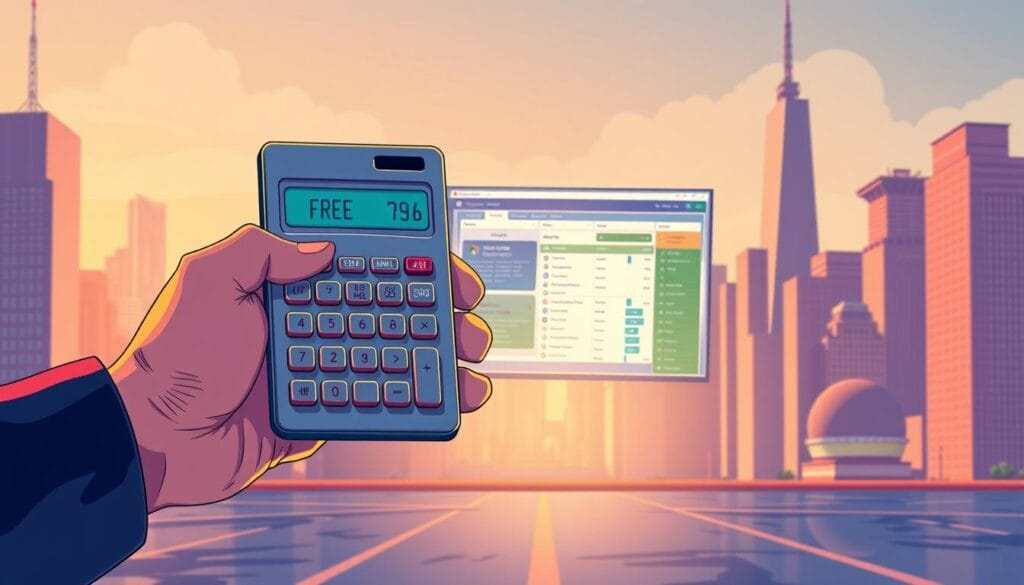 A vibrant, detailed illustration contrasting free and paid financial tools. In the foreground, a hand holds a free, simple calculator against a paid, feature-rich software interface in the middle ground. In the background, a cityscape with skyscrapers symbolizes the financial landscape. The scene is lit by warm, directional lighting, creating depth and emphasizing the differences between the free and paid options. The overall mood is one of thoughtful comparison, inviting the viewer to consider the tradeoffs between accessible, basic tools and comprehensive, subscription-based solutions.