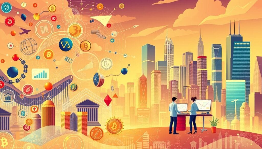 A vibrant, detailed illustration showcasing the top use cases for regtech in finance. In the foreground, various financial services icons and symbols, such as charts, graphs, coins, and banking infrastructure, float against a backdrop of swirling data streams and algorithms. In the middle ground, a team of professionals collaborating on compliance tasks, utilizing regtech tools and dashboards. The background features a cityscape of skyscrapers, representing the financial hub, bathed in a warm, golden light that conveys a sense of efficiency, security, and innovation. The overall composition should evoke the seamless integration of regtech solutions within the financial sector, streamlining compliance and risk management processes.