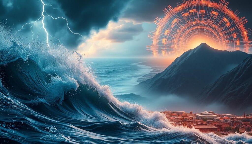 A vibrant digital landscape depicting the key perils covered by parametric insurance solutions. In the foreground, a turbulent storm rages with swirling winds, heavy rainfall, and bolts of lightning streaking across the sky. In the middle ground, a coastal town is bracing against the elements, with waves crashing against seawalls and buildings. In the background, a seismic shockwave radiates outwards, representing the threat of earthquakes. The scene is rendered with a cinematic, dramatic lighting, capturing the urgency and importance of these natural catastrophe risks. The overall atmosphere conveys the need for innovative, data-driven insurance products to provide fast and fair compensation for these parametric insurance perils.