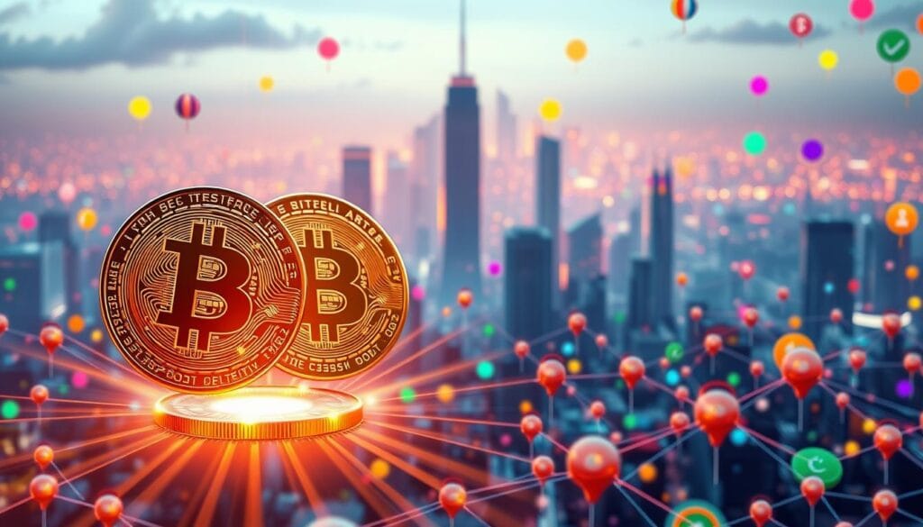 A vibrant digital landscape filled with an array of cryptocurrencies, each represented by its own distinct symbol and color. In the foreground, a trio of gleaming, faceted crypto coins float weightlessly, their surfaces reflecting the warm glow of a futuristic city skyline in the background. Beams of light emanate from the coins, casting a mesmerizing pattern across the scene. The middle ground features a network of interconnected blockchain nodes, their intricate architecture hinting at the complex infrastructure powering the digital assets. The overall atmosphere conveys a sense of technological progress, financial innovation, and the boundless potential of decentralized finance.