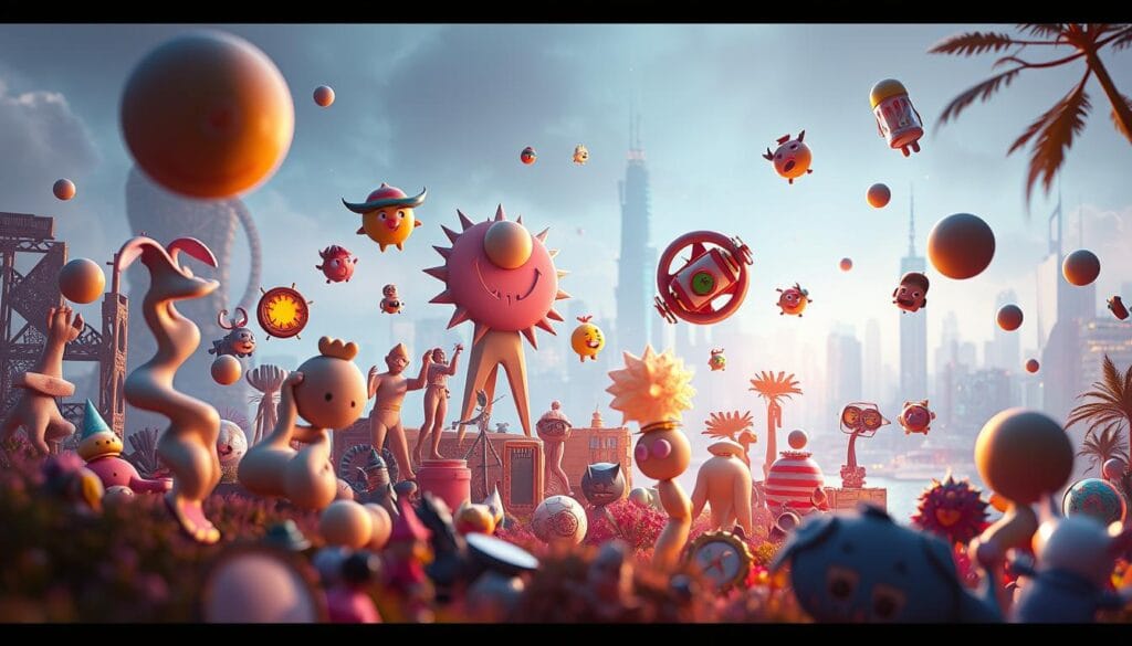 A vibrant digital landscape with a variety of non-fungible token (NFT) collectibles floating in the foreground. The scene is lit by a warm, glow-like lighting, creating a sense of depth and atmosphere. In the middle ground, various 3D-rendered digital art pieces, such as abstract sculptures, animated characters, and unique digital items, are displayed with intricate details and textures. The background features a futuristic cityscape with towering skyscrapers and a hazy, techno-inspired skyline. The overall composition conveys a sense of wonder and excitement surrounding the emerging world of digital collectibles, reflecting the potential of this growing market. A vibrant digital landscape with a variety of non-fungible token (NFT) collectibles floating in the foreground. The scene is lit by a warm, glow-like lighting, creating a sense of depth and atmosphere. In the middle ground, various 3D-rendered digital art pieces, such as abstract sculptures, animated characters, and unique digital items, are displayed with intricate details and textures. The background features a futuristic cityscape with towering skyscrapers and a hazy, techno-inspired skyline. The overall composition conveys a sense of wonder and excitement surrounding the emerging world of digital collectibles, reflecting the potential of this growing market.