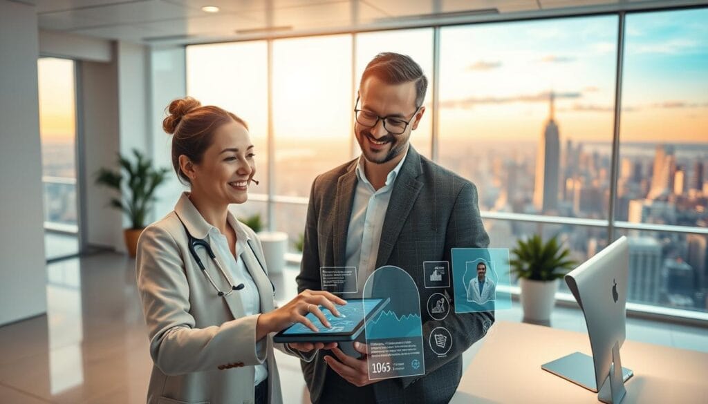 A vibrant, digitally-enhanced customer service experience. A modern office setting with a well-lit, airy atmosphere and clean, minimalist design. In the foreground, a customer service representative assisting a client on a sleek touchscreen display, their expressions conveying attentiveness and care. The middle ground features an array of intuitive digital tools and interfaces, seamlessly integrating the customer journey. The background showcases a panoramic view of a bustling metropolitan skyline, symbolizing the innovative, future-forward nature of the healthcare tech solution. Soft, diffused lighting casts a warm, inviting glow, while the composition emphasizes the harmonious fusion of human interaction and cutting-edge digital capabilities. A vibrant, digitally-enhanced customer service experience. A modern office setting with a well-lit, airy atmosphere and clean, minimalist design. In the foreground, a customer service representative assisting a client on a sleek touchscreen display, their expressions conveying attentiveness and care. The middle ground features an array of intuitive digital tools and interfaces, seamlessly integrating the customer journey. The background showcases a panoramic view of a bustling metropolitan skyline, symbolizing the innovative, future-forward nature of the healthcare tech solution. Soft, diffused lighting casts a warm, inviting glow, while the composition emphasizes the harmonious fusion of human interaction and cutting-edge digital capabilities.