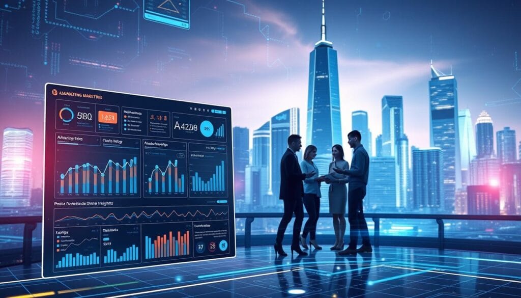 A vibrant, dynamic digital landscape with AI-powered tools and technologies at the forefront of modern marketing. In the foreground, a sleek, futuristic digital dashboard showcases real-time analytics, campaign performance metrics, and personalized customer insights. In the middle ground, a team of marketing professionals collaborates seamlessly, leveraging AI-driven strategies to optimize campaigns and drive engagement. The background features a cityscape of towering skyscrapers, reflecting the fast-paced, ever-evolving nature of the digital marketing industry. Soft, ambient lighting creates a sense of depth and sophistication, while a cool color palette evokes the cutting-edge, technology-driven nature of the scene. The overall atmosphere conveys the power of AI to revolutionize the way businesses connect with their audience and achieve marketing success.