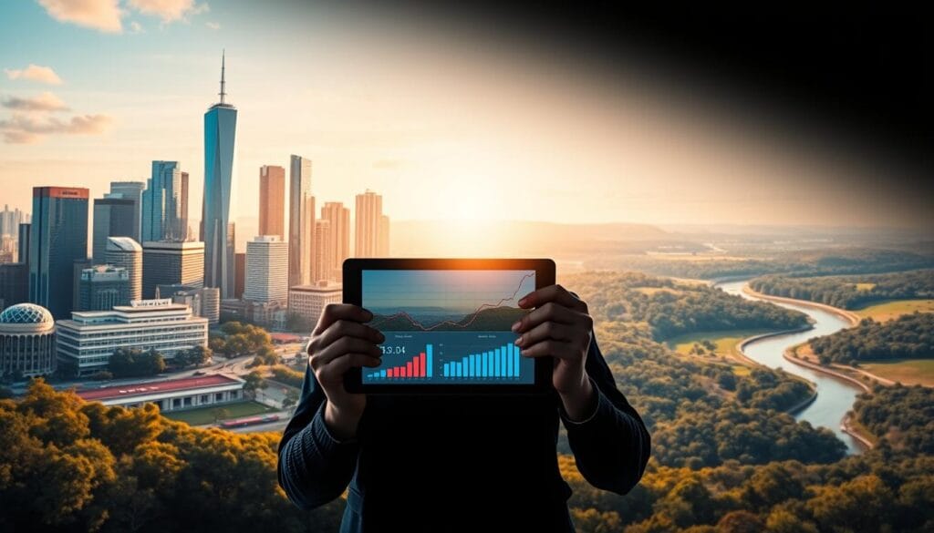 A vibrant, dynamic scene showcasing financial goals. In the foreground, a person stands confidently, holding a tablet displaying various financial metrics and charts. The middle ground features a stylized cityscape, with skyscrapers and modern architecture bathed in a warm, golden light. In the background, a lush, rolling landscape dotted with trees and a winding river, symbolizing the long-term nature of financial planning. The overall mood is one of determination, progress, and a sense of balance between the practical and the aspirational. Lit by a soft, directional light source, creating depth and highlighting the key elements. Captured with a wide-angle lens to convey a sense of grandeur and scope.