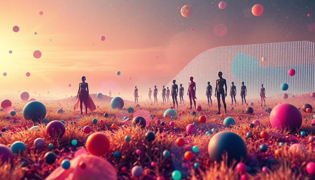 A vibrant, ethereal landscape showcasing the latest trends in AI-generated art. In the foreground, a myriad of abstract shapes and psychedelic color patterns dance across the canvas, seamlessly blending together. The middle ground features a collection of surreal, otherworldly figures - part human, part machine - each with its own unique aesthetic. In the background, a shimmering, holographic grid extends to the horizon, hinting at the technological foundations powering this artistic revolution. The scene is bathed in a warm, diffused lighting, creating a sense of dreamlike wonder and boundless creative potential. The overall mood is one of awe-inspiring innovation, as if the viewer is glimpsing the future of artistic expression. A vibrant, ethereal landscape showcasing the latest trends in AI-generated art. In the foreground, a myriad of abstract shapes and psychedelic color patterns dance across the canvas, seamlessly blending together. The middle ground features a collection of surreal, otherworldly figures - part human, part machine - each with its own unique aesthetic. In the background, a shimmering, holographic grid extends to the horizon, hinting at the technological foundations powering this artistic revolution. The scene is bathed in a warm, diffused lighting, creating a sense of dreamlike wonder and boundless creative potential. The overall mood is one of awe-inspiring innovation, as if the viewer is glimpsing the future of artistic expression.