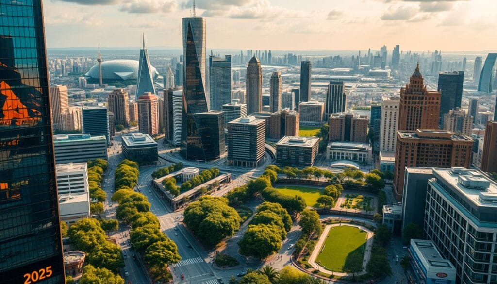 A vibrant financial cityscape in 2025, showcasing the dynamic growth of innovative industries. In the foreground, sleek skyscrapers and gleaming towers soar, their facades awash in a warm, golden light that reflects the prosperity of the era. Beneath them, bustling streets teem with pedestrians, cars, and public transportation, all contributing to the pulsing energy of the thriving urban landscape. The middle ground features lush, verdant parks and gardens, their greenery a testament to the city's commitment to sustainability and livability. In the distance, cutting-edge research facilities and state-of-the-art manufacturing plants dot the horizon, symbolizing the intellectual and technological advancements driving the growth stocks of the future. The overall atmosphere is one of optimism, progress, and the promise of a brighter, more prosperous tomorrow.