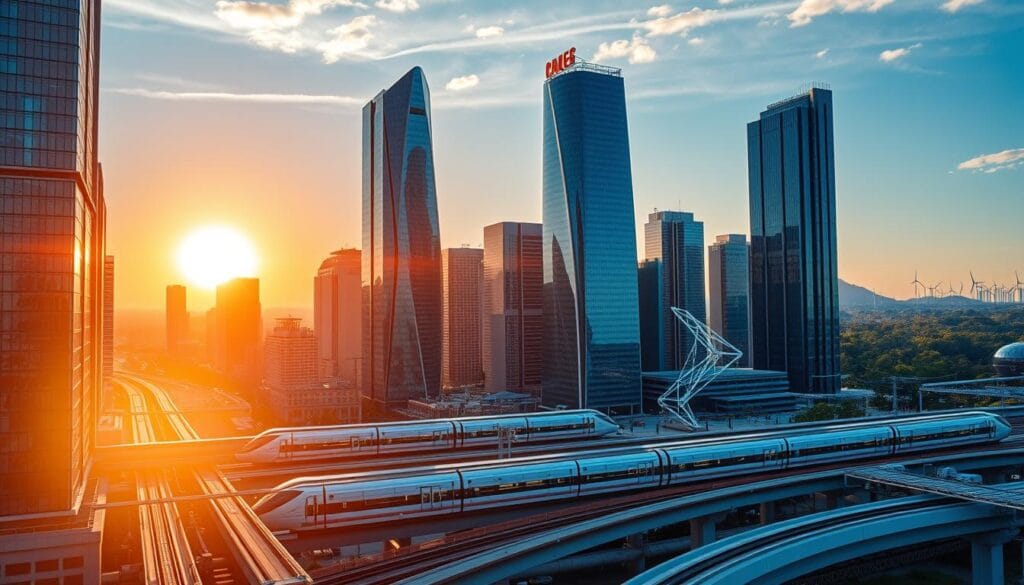 A vibrant, forward-looking cityscape set against a backdrop of a rising sun, symbolizing the potential for growth in 2025. In the foreground, a group of modern, gleaming skyscrapers with innovative architectural designs, their reflective glass facades capturing the morning light. In the middle ground, a network of sleek, high-speed transportation systems, including elevated trains and autonomous vehicles, representing the integration of technology and infrastructure. The background features a horizon filled with lush greenery and renewable energy sources, such as wind turbines and solar panels, conveying a sense of sustainability and environmental consciousness. The overall scene exudes a dynamic, prosperous, and technologically advanced atmosphere, enticing the viewer to envision the promising investment opportunities of the future.