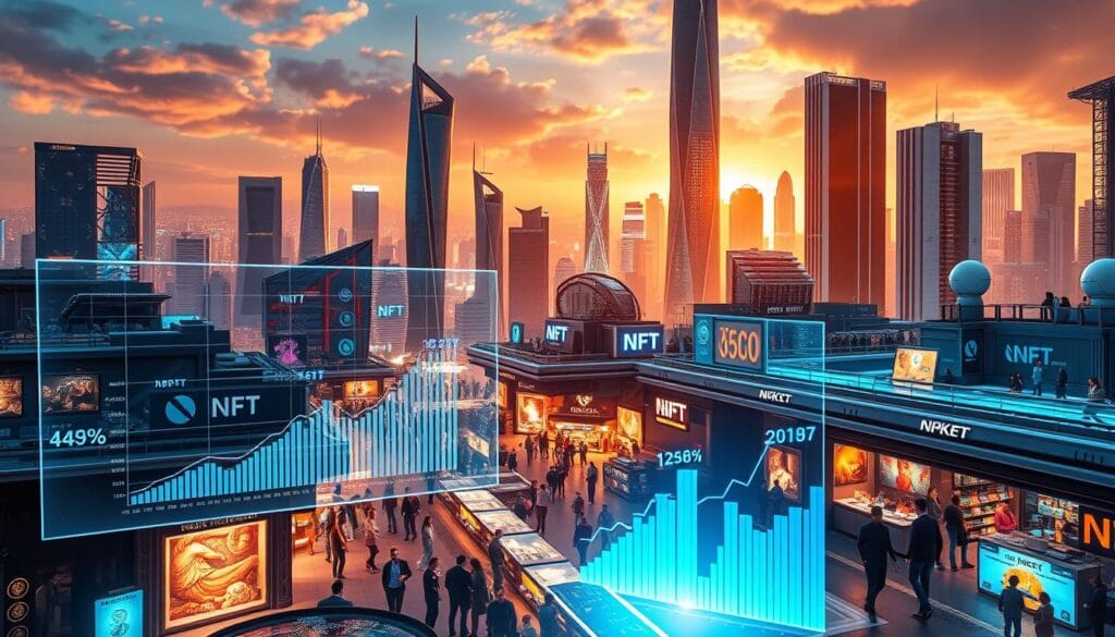 A vibrant, futuristic cityscape depicting the current NFT market trends. In the foreground, a holographic display showcases the rapid growth and adoption of NFTs, with dynamic charts and graphs that illustrate the evolving investment landscape. In the middle ground, a bustling marketplace teems with virtual art galleries, NFT trading platforms, and crypto enthusiasts engaged in lively transactions. The background features a sleek, high-tech skyline with towering skyscrapers, awe-inspiring architecture, and a vibrant, neon-lit atmosphere that captures the excitement and innovation driving the NFT revolution. Bathed in a warm, golden light, the scene conveys a sense of optimism and boundless potential for the future of NFT investments. A vibrant, futuristic cityscape depicting the current NFT market trends. In the foreground, a holographic display showcases the rapid growth and adoption of NFTs, with dynamic charts and graphs that illustrate the evolving investment landscape. In the middle ground, a bustling marketplace teems with virtual art galleries, NFT trading platforms, and crypto enthusiasts engaged in lively transactions. The background features a sleek, high-tech skyline with towering skyscrapers, awe-inspiring architecture, and a vibrant, neon-lit atmosphere that captures the excitement and innovation driving the NFT revolution. Bathed in a warm, golden light, the scene conveys a sense of optimism and boundless potential for the future of NFT investments.