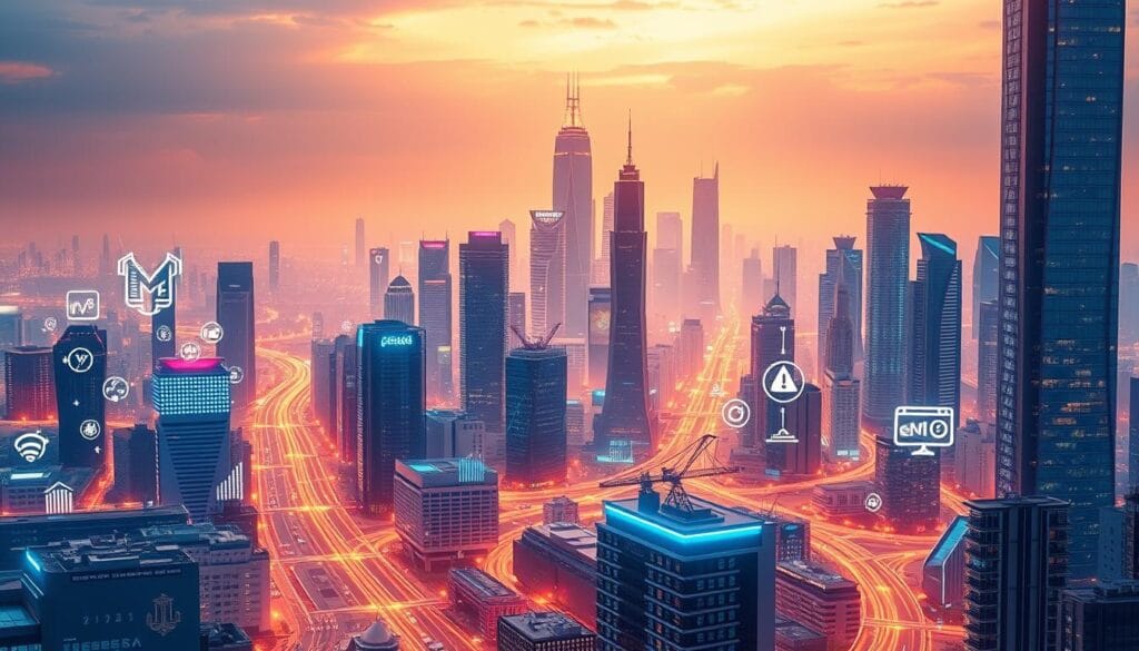 A vibrant, futuristic cityscape illuminated by a warm, golden glow. In the foreground, a diverse array of scalable business models emerges, their icons and logos floating effortlessly against a sleek, minimalist backdrop. The middle ground features a bustling hub of online marketplaces, e-commerce platforms, and digital service providers, all interconnected through a web of glowing data streams. In the background, towering skyscrapers and advanced technological infrastructure symbolize the rapid evolution of the digital economy. The scene conveys a sense of boundless potential, adaptability, and the promise of innovative, sustainable ways to thrive in the online landscape of 2025.