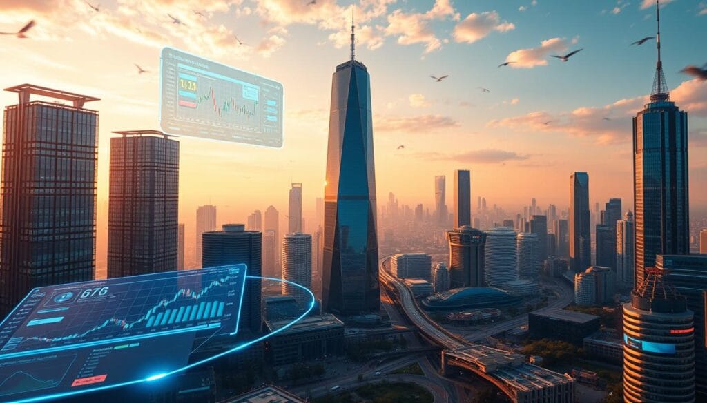 A vibrant, futuristic landscape showcasing the evolution of online trading platforms in 2025. In the foreground, sleek, holographic interfaces display real-time market data and intuitive trading tools. Hovering above are transparent screens projecting personalized investment strategies and portfolio analytics. In the middle ground, skyscrapers of gleaming glass and steel house state-of-the-art fintech hubs, their facades adorned with dynamic data visualizations. The background is bathed in a warm, technological glow, with a cityscape of towering, interconnected towers and a sky alive with the gentle hum of autonomous vehicles. The scene conveys a sense of innovation, efficiency, and the seamless integration of finance and technology.