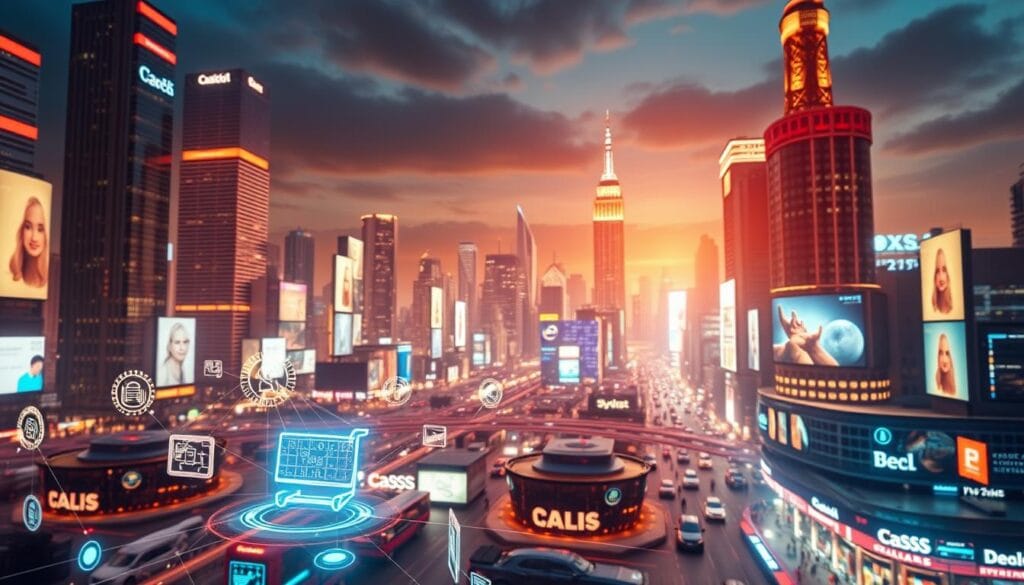 A vibrant, futuristic landscape showcasing the power of affiliate marketing strategies in 2025. In the foreground, a dynamic network of digital platforms and influencer partnerships, represented by holographic icons and interconnected data streams. In the middle ground, a bustling marketplace where targeted product placements and personalized recommendations drive seamless conversions. The background depicts a cityscape of gleaming skyscrapers and virtual billboards, all infused with a sense of technological innovation and limitless potential. Warm, saturated tones and a cinematic depth of field create an immersive, futuristic atmosphere, capturing the essence of how affiliate marketing will shape the online landscape in the years to come.