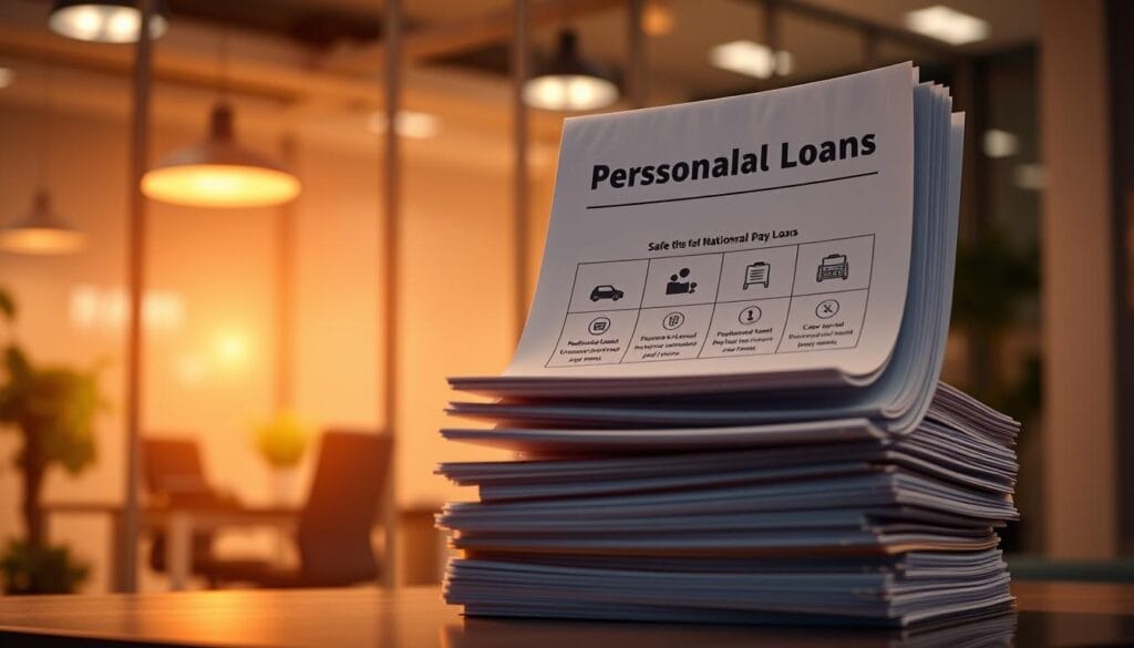 A vibrant, high-resolution image depicting a stack of personal loan documents against a soft, blurred background of a modern office setting. The documents are neatly arranged, showcasing various loan options with informative icons and minimal text. The lighting is warm and natural, creating a sense of professionalism and reliability. The overall composition conveys the idea of personal loans as a safe, viable alternative to payday loans, with a clean and inviting aesthetic.