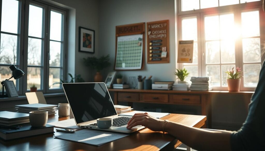 A vibrant home office scene, illuminated by natural light streaming through large windows. On the wooden desk, a laptop, a cup of coffee, and neatly organized financial documents and budgeting tools. The walls are adorned with inspirational artwork and a corkboard displaying goals and milestones. In the foreground, a person sits focused, their fingers dancing across the keyboard, embodying a proactive approach to personal finance. The scene exudes a sense of control, organization, and determination to achieve financial objectives.