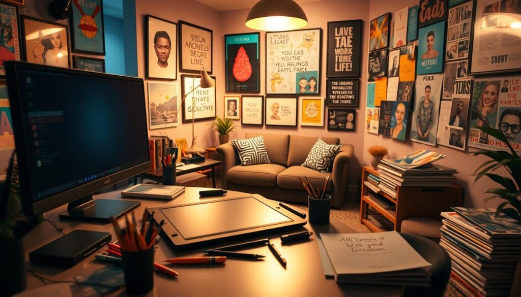 A vibrant, inspirational workspace filled with the tools of creative content creation. In the foreground, a sleek, modern desk holds a high-end computer, digital drawing tablet, and assortment of brushes, pens, and markers. Overhead, a soft, warm light illuminates the scene, casting a cozy glow. The middle ground showcases a cozy reading nook with plush seating and a stack of visually striking magazines. In the background, the walls are adorned with framed artwork, motivational quotes, and mood boards bursting with color and texture. The overall atmosphere exudes a sense of passion, productivity, and endless creative possibilities. A vibrant, inspirational workspace filled with the tools of creative content creation. In the foreground, a sleek, modern desk holds a high-end computer, digital drawing tablet, and assortment of brushes, pens, and markers. Overhead, a soft, warm light illuminates the scene, casting a cozy glow. The middle ground showcases a cozy reading nook with plush seating and a stack of visually striking magazines. In the background, the walls are adorned with framed artwork, motivational quotes, and mood boards bursting with color and texture. The overall atmosphere exudes a sense of passion, productivity, and endless creative possibilities.