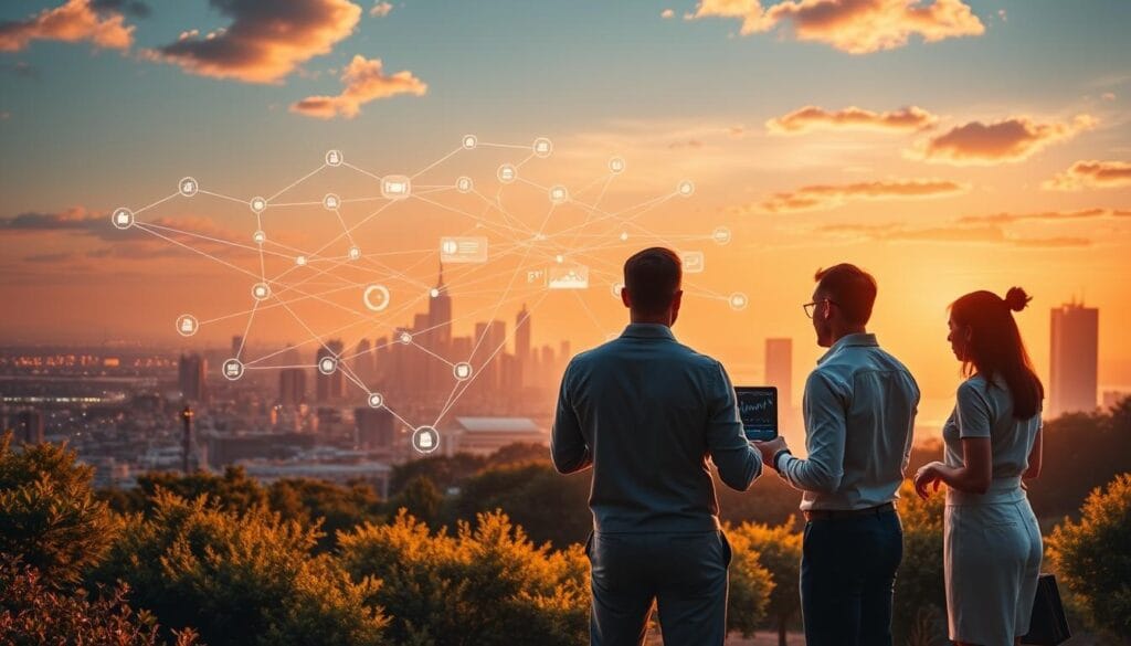 A vibrant landscape showcasing the benefits of regtech solutions. In the foreground, a group of financial professionals collaborating seamlessly, utilizing intuitive dashboards and AI-powered analytics. In the middle ground, a network of interconnected data streams and compliance frameworks, symbolizing the streamlined regulatory processes. The background depicts a city skyline, representing the financial industry's digital transformation, bathed in warm, golden lighting that conveys a sense of efficiency and progress. The scene evokes a harmonious blend of technology, compliance, and human expertise, highlighting the transformative power of regtech in simplifying financial regulations.