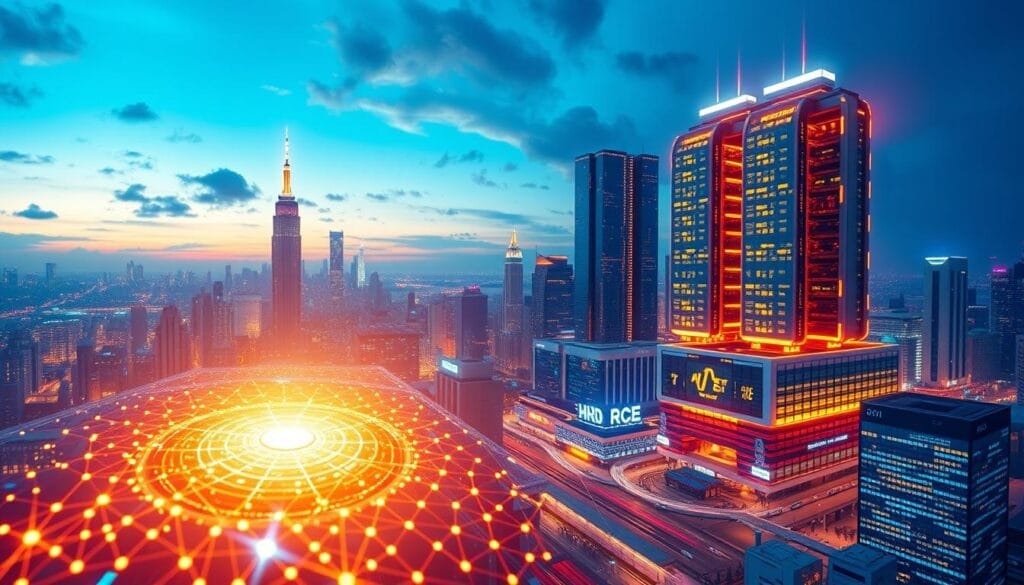 A vibrant panorama of decentralized finance opportunities unfolding against a futuristic cityscape. In the foreground, a digital ledger glows with intricate blockchain transactions, representing the innovative financial instruments powering DeFi. The middle ground features a bustling hub of activity, with holographic interfaces and disruptive fintech startups showcasing their revolutionary platforms. In the background, towering skyscrapers topped with glowing servers and data centers symbolize the robust infrastructure supporting this decentralized financial revolution. The scene is bathed in a warm, optimistic glow, conveying the transformative potential of DeFi for savvy investors seeking to navigate the financial landscape of 2025. A vibrant panorama of decentralized finance opportunities unfolding against a futuristic cityscape. In the foreground, a digital ledger glows with intricate blockchain transactions, representing the innovative financial instruments powering DeFi. The middle ground features a bustling hub of activity, with holographic interfaces and disruptive fintech startups showcasing their revolutionary platforms. In the background, towering skyscrapers topped with glowing servers and data centers symbolize the robust infrastructure supporting this decentralized financial revolution. The scene is bathed in a warm, optimistic glow, conveying the transformative potential of DeFi for savvy investors seeking to navigate the financial landscape of 2025.