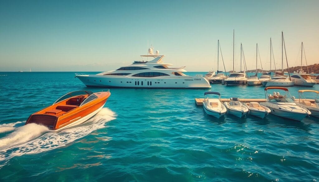 A vibrant, photorealistic image depicting various types of boat loans. In the foreground, a classic wooden speedboat glides across a shimmering azure sea, its sleek lines accentuated by warm, golden sunlight. In the middle ground, a modern, luxury yacht rests in a picturesque marina, its gleaming white exterior reflecting the clear sky above. In the background, a row of smaller recreational boats, each representing a different financing option, ranging from personal loans to specialized marine financing, are docked neatly side-by-side. The overall scene conveys a sense of adventure, financial opportunity, and the diverse range of boat loan solutions available to prospective buyers. A vibrant, photorealistic image depicting various types of boat loans. In the foreground, a classic wooden speedboat glides across a shimmering azure sea, its sleek lines accentuated by warm, golden sunlight. In the middle ground, a modern, luxury yacht rests in a picturesque marina, its gleaming white exterior reflecting the clear sky above. In the background, a row of smaller recreational boats, each representing a different financing option, ranging from personal loans to specialized marine financing, are docked neatly side-by-side. The overall scene conveys a sense of adventure, financial opportunity, and the diverse range of boat loan solutions available to prospective buyers.