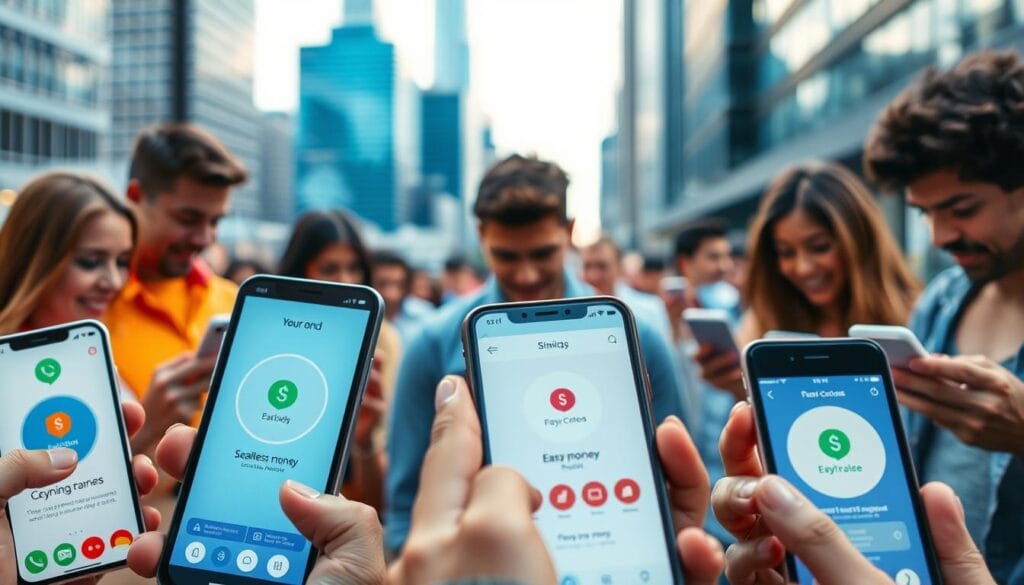 A vibrant, photorealistic scene depicting a variety of popular peer-to-peer payment apps. In the foreground, various smartphone screens display intuitive interfaces for seamless money transfers, with clean typography and intuitive icons. The middle ground features a diverse array of people interacting with the apps, their expressions conveying ease and satisfaction. In the background, a blurred cityscape sets the scene, hinting at the convenience and ubiquity of these modern financial tools. The lighting is soft and natural, creating a welcoming, approachable atmosphere. Captured with a wide-angle lens to emphasize the integrated, cohesive nature of the peer-to-peer payment ecosystem. A vibrant, photorealistic scene depicting a variety of popular peer-to-peer payment apps. In the foreground, various smartphone screens display intuitive interfaces for seamless money transfers, with clean typography and intuitive icons. The middle ground features a diverse array of people interacting with the apps, their expressions conveying ease and satisfaction. In the background, a blurred cityscape sets the scene, hinting at the convenience and ubiquity of these modern financial tools. The lighting is soft and natural, creating a welcoming, approachable atmosphere. Captured with a wide-angle lens to emphasize the integrated, cohesive nature of the peer-to-peer payment ecosystem.