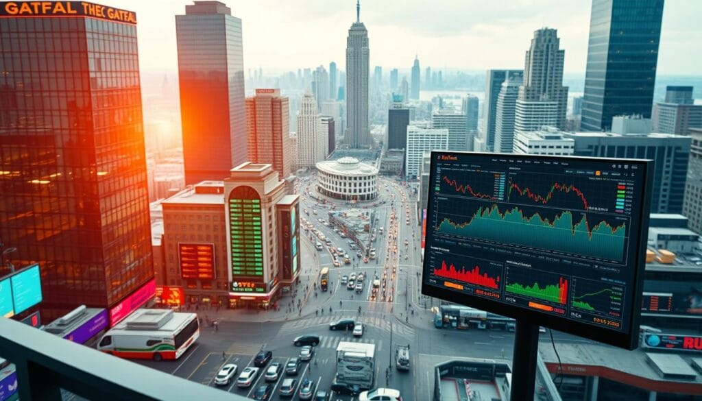 A vibrant, real-world commodity trading platform filled with dynamic features. In the foreground, a sleek user interface displays real-time data visualizations, trading tools, and order management controls. The middle ground showcases a comprehensive market dashboard with charts, graphs, and news feeds. In the background, a panoramic view of a bustling financial district sets the tone, with towering skyscrapers, busy streets, and a crisp, professional lighting scheme that emphasizes the platform's advanced capabilities and industry-leading functionality. The overall scene conveys a sense of power, efficiency, and cutting-edge technology tailored for the modern commodity trader. A vibrant, real-world commodity trading platform filled with dynamic features. In the foreground, a sleek user interface displays real-time data visualizations, trading tools, and order management controls. The middle ground showcases a comprehensive market dashboard with charts, graphs, and news feeds. In the background, a panoramic view of a bustling financial district sets the tone, with towering skyscrapers, busy streets, and a crisp, professional lighting scheme that emphasizes the platform's advanced capabilities and industry-leading functionality. The overall scene conveys a sense of power, efficiency, and cutting-edge technology tailored for the modern commodity trader.