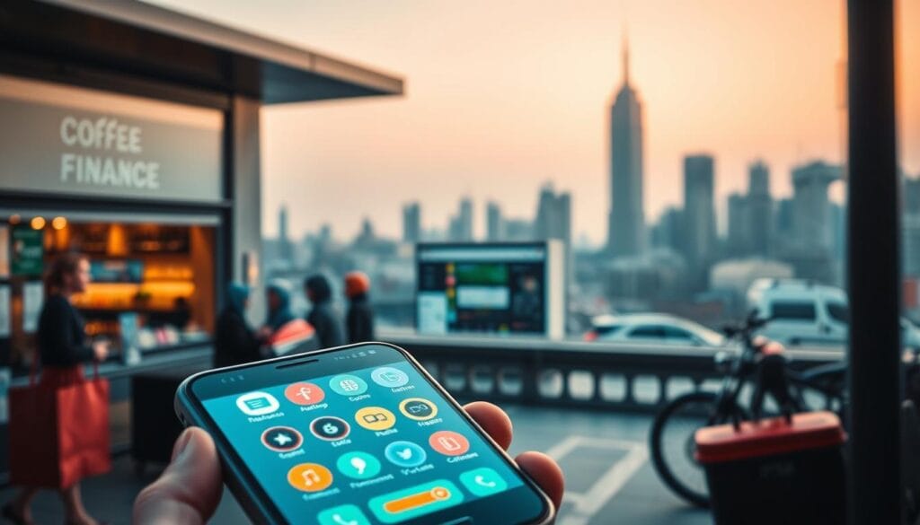 A vibrant scene of real-world embedded finance applications. In the foreground, a smartphone display showcases a seamless digital payment process, with various icons and graphics representing different financial services. The middle ground depicts several familiar retail and service environments, such as a coffee shop, an e-commerce website, and a ride-sharing app, all integrated with intuitive financial functionalities. The background features a city skyline, representing the widespread integration of embedded finance across diverse industries and platforms. The lighting is soft and natural, creating a sense of modernity and innovation. The overall composition conveys the seamless, ubiquitous nature of embedded finance in today's digital landscape.
