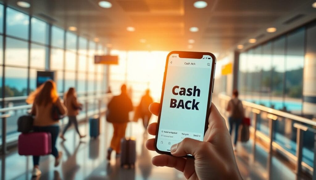 A vibrant travel scene with a focus on the concept of cash back. In the foreground, a person's hand holds a smartphone displaying a cash back app interface, the screen glowing with a warm, inviting light. In the middle ground, a bustling airport terminal with travelers rushing by, their luggage and carry-ons visible. The background features a picturesque landscape, perhaps a tropical beach or a lush forest, hinting at the destinations made accessible through the cash back earned. The lighting is soft and golden, creating a dreamlike, aspirational atmosphere. The composition emphasizes the seamless integration of technology and travel, with the cash back app at the center of the frame, guiding the viewer's attention. A vibrant travel scene with a focus on the concept of cash back. In the foreground, a person's hand holds a smartphone displaying a cash back app interface, the screen glowing with a warm, inviting light. In the middle ground, a bustling airport terminal with travelers rushing by, their luggage and carry-ons visible. The background features a picturesque landscape, perhaps a tropical beach or a lush forest, hinting at the destinations made accessible through the cash back earned. The lighting is soft and golden, creating a dreamlike, aspirational atmosphere. The composition emphasizes the seamless integration of technology and travel, with the cash back app at the center of the frame, guiding the viewer's attention.