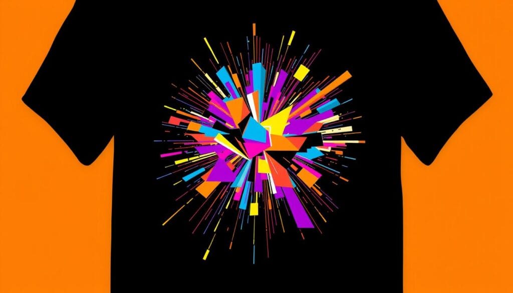 A vibrant, visually-striking t-shirt design featuring an AI-generated abstract artwork. The centerpiece is a bold, dynamic composition of geometric shapes, lines, and colors that appear to be in motion, creating a sense of energy and movement. The shapes are rendered with a digital, pixelated aesthetic, suggesting a machine-generated origin. The artwork is set against a solid, contrasting background color that makes the design pop. The overall look is sleek, modern, and eye-catching - the perfect canvas for an apparel item that showcases the creative potential of AI-powered art. A vibrant, visually-striking t-shirt design featuring an AI-generated abstract artwork. The centerpiece is a bold, dynamic composition of geometric shapes, lines, and colors that appear to be in motion, creating a sense of energy and movement. The shapes are rendered with a digital, pixelated aesthetic, suggesting a machine-generated origin. The artwork is set against a solid, contrasting background color that makes the design pop. The overall look is sleek, modern, and eye-catching - the perfect canvas for an apparel item that showcases the creative potential of AI-powered art.