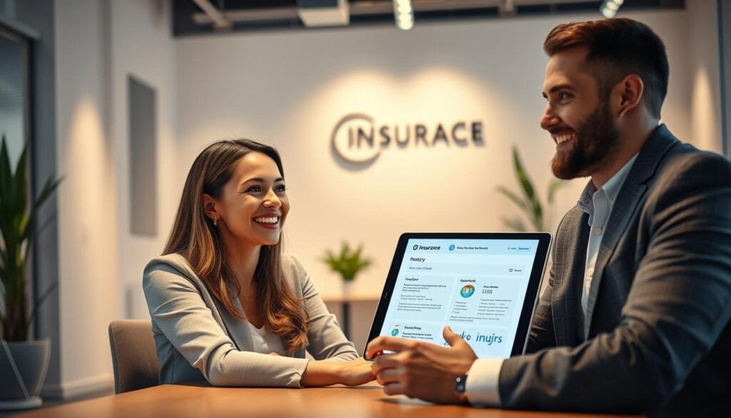 A vibrant, well-lit scene showcasing an insurance customer's positive experience. In the foreground, a smiling person interacting with a friendly insurance agent, their faces illuminated by soft, warm lighting. In the middle ground, a sleek, modern interface on a tablet or laptop, displaying clear, intuitive policy details. The background features a minimalist, high-tech office setting with clean lines, subtle branding, and natural elements like potted plants, creating a calming, professional atmosphere. The overall mood is one of trust, efficiency, and a personalized, human-centric approach to insurance services. A vibrant, well-lit scene showcasing an insurance customer's positive experience. In the foreground, a smiling person interacting with a friendly insurance agent, their faces illuminated by soft, warm lighting. In the middle ground, a sleek, modern interface on a tablet or laptop, displaying clear, intuitive policy details. The background features a minimalist, high-tech office setting with clean lines, subtle branding, and natural elements like potted plants, creating a calming, professional atmosphere. The overall mood is one of trust, efficiency, and a personalized, human-centric approach to insurance services.
