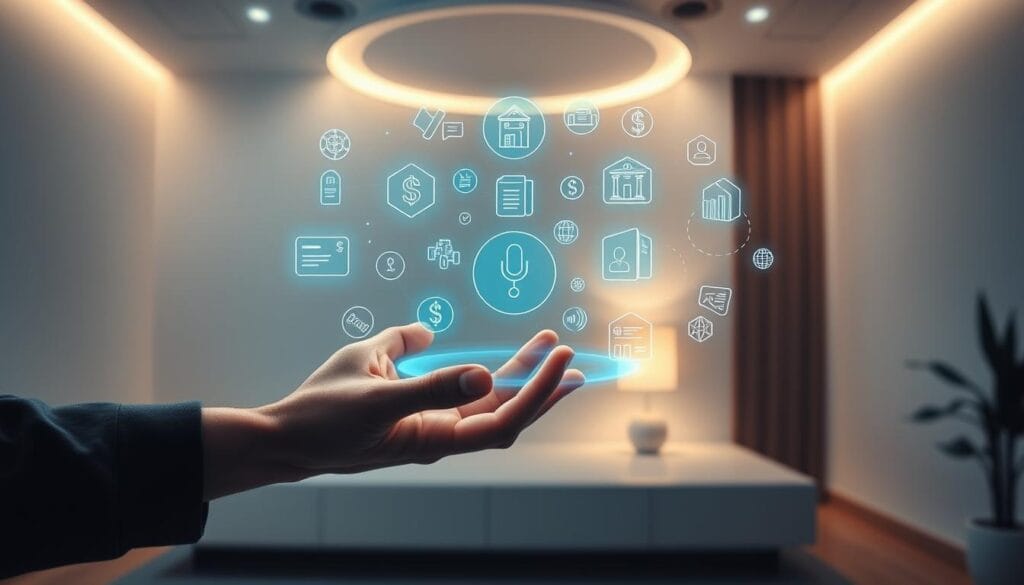 A vibrant, well-lit scene showcasing the key benefits of voice-activated financial assistants. In the foreground, a human hand interacts with a floating holographic interface, issuing voice commands to manage banking tasks. The middle ground depicts various financial icons and symbols levitating around the user, representing seamless access to account balances, payments, and other banking features. The background features a clean, minimalist setting with soft, ambient lighting, conveying a sense of ease and convenience. The overall atmosphere is one of modern, high-tech simplicity, highlighting the power and efficiency of voice-controlled banking at the user's fingertips. A vibrant, well-lit scene showcasing the key benefits of voice-activated financial assistants. In the foreground, a human hand interacts with a floating holographic interface, issuing voice commands to manage banking tasks. The middle ground depicts various financial icons and symbols levitating around the user, representing seamless access to account balances, payments, and other banking features. The background features a clean, minimalist setting with soft, ambient lighting, conveying a sense of ease and convenience. The overall atmosphere is one of modern, high-tech simplicity, highlighting the power and efficiency of voice-controlled banking at the user's fingertips.