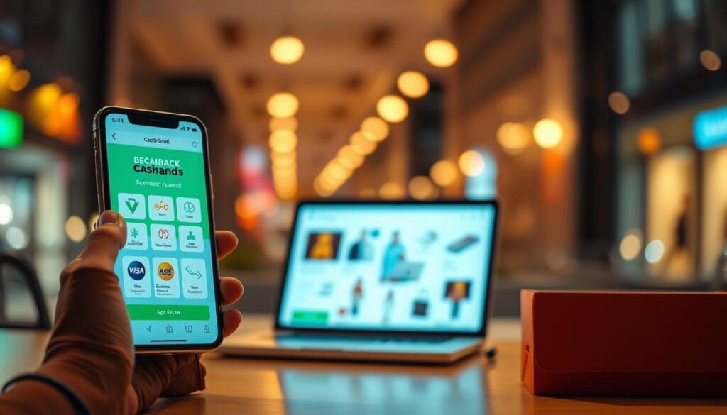 A vibrant, well-lit scene showcasing the seamless online shopping experience. In the foreground, a smartphone displays a cashback rewards app, its interface intuitive and engaging. In the middle ground, a laptop sits open, highlighting the various products available for purchase. The background features a blurred cityscape, evoking the convenience and accessibility of e-commerce. The overall mood is one of efficiency, reward, and modern consumer empowerment. Soft, warm lighting illuminates the scene, creating a welcoming and inviting atmosphere. The composition emphasizes the integration of digital shopping tools and real-world convenience, reflecting the future of cashback-enabled online retail. A vibrant, well-lit scene showcasing the seamless online shopping experience. In the foreground, a smartphone displays a cashback rewards app, its interface intuitive and engaging. In the middle ground, a laptop sits open, highlighting the various products available for purchase. The background features a blurred cityscape, evoking the convenience and accessibility of e-commerce. The overall mood is one of efficiency, reward, and modern consumer empowerment. Soft, warm lighting illuminates the scene, creating a welcoming and inviting atmosphere. The composition emphasizes the integration of digital shopping tools and real-world convenience, reflecting the future of cashback-enabled online retail.