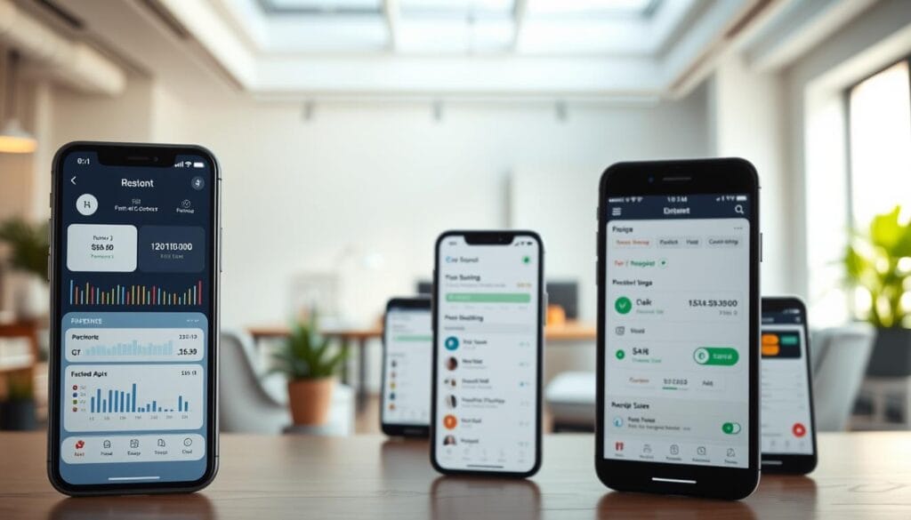 A vibrant, well-lit scene showcasing the user interface of a selection of top AI-powered expense tracker apps. In the foreground, a smartphone displays an intuitive dashboard with detailed charts, graphs, and expense categorization. In the middle ground, several other mobile devices demonstrate the apps' features, such as budgeting tools, receipt scanning, and real-time transaction tracking. The background depicts a modern, minimalist office setting with clean lines, natural lighting, and a sense of productivity and organization. The overall mood is one of efficiency, control, and financial empowerment enabled by the AI-driven capabilities of these expense management apps. A vibrant, well-lit scene showcasing the user interface of a selection of top AI-powered expense tracker apps. In the foreground, a smartphone displays an intuitive dashboard with detailed charts, graphs, and expense categorization. In the middle ground, several other mobile devices demonstrate the apps' features, such as budgeting tools, receipt scanning, and real-time transaction tracking. The background depicts a modern, minimalist office setting with clean lines, natural lighting, and a sense of productivity and organization. The overall mood is one of efficiency, control, and financial empowerment enabled by the AI-driven capabilities of these expense management apps.