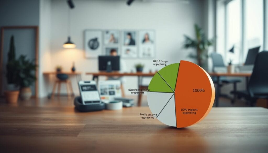 A visually engaging breakdown of the costs involved in developing an on-demand insurance app. In the foreground, a detailed pie chart illustrates the percentage allocations for key development stages - UX/UI design, backend engineering, frontend engineering, quality assurance, and project management. The middle ground showcases various mobile app interface elements, hinting at the user experience. In the background, a modern office workspace with minimal decor sets the tone, conveying a sense of professionalism and innovation. Soft, directional lighting casts subtle shadows, adding depth and dimensionality to the scene. The overall mood is one of thoughtful planning and strategic cost optimization for a cutting-edge on-demand insurance app.