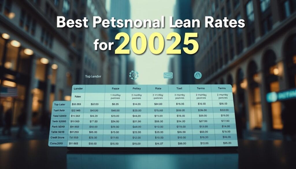 A visually striking and informative image depicting the best personal loan rates for 2025. The foreground should feature a sleek, modern-looking table or grid layout displaying key information about top lender rates, loan amounts, and terms in a clean, data-driven format. The middle ground should showcase stylized icons or illustrations representing important financial concepts like interest, monthly payments, and credit scores. The background should have a subtle, blurred cityscape or financial district setting, conveying a sense of professionalism and authority. The lighting should be bright and crisp, with a balanced use of shadows to add depth and dimensionality. The overall mood should be one of clarity, reliability, and financial expertise. A visually striking and informative image depicting the best personal loan rates for 2025. The foreground should feature a sleek, modern-looking table or grid layout displaying key information about top lender rates, loan amounts, and terms in a clean, data-driven format. The middle ground should showcase stylized icons or illustrations representing important financial concepts like interest, monthly payments, and credit scores. The background should have a subtle, blurred cityscape or financial district setting, conveying a sense of professionalism and authority. The lighting should be bright and crisp, with a balanced use of shadows to add depth and dimensionality. The overall mood should be one of clarity, reliability, and financial expertise.