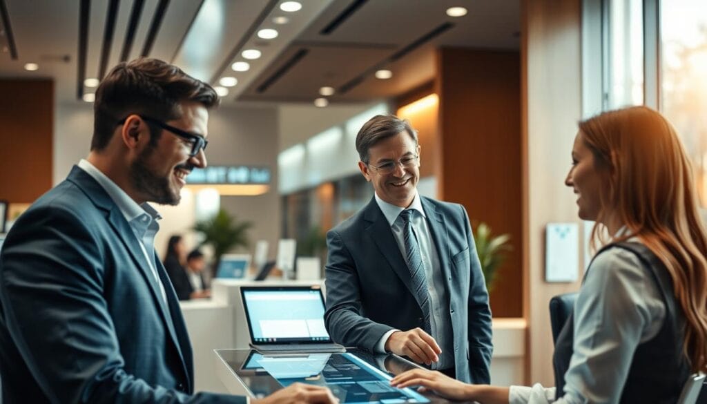 A visually stunning scene of a modern, sleek financial services office. In the foreground, a well-dressed customer engaged with a helpful, attentive bank representative, their expressions conveying a positive, collaborative interaction. The middle ground features a seamless blend of cutting-edge technology, such as interactive displays and digital interfaces, intuitively enabling a streamlined, personalized customer experience. The background showcases a warm, welcoming atmosphere with natural lighting, inspiring architecture, and a sense of trust and reliability. The overall image exudes a feeling of innovation, efficiency, and a deep commitment to enhancing the customer's financial journey.