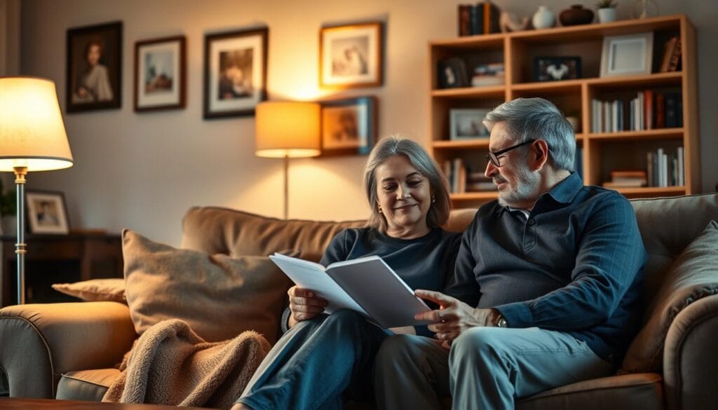 A warm, cozy family room where a middle-aged couple sits on a plush sofa, discussing finances with their adult child. Soft lighting from a nearby lamp casts a gentle glow, creating an atmosphere of trust and openness. The couple's expressions are sympathetic, while their child's body language conveys a sense of relief and gratitude. In the background, framed family photos and a bookshelf filled with mementos suggest a close-knit household. The scene captures the comfort and support found in borrowing from loved ones, a valuable alternative to traditional payday loans.