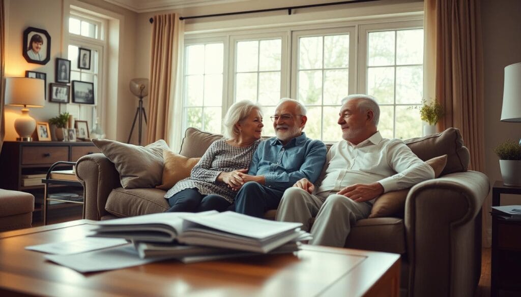 A warm, inviting living room scene with a senior couple sitting on a plush sofa, engaged in a thoughtful discussion about reverse mortgages. The scene is bathed in soft, natural light filtering through large windows, casting a cozy ambiance. A coffee table in the foreground displays brochures and documents, hinting at the financial topic at hand. The walls are adorned with family photos, creating a sense of home and trust. The couple's expressions convey a mixture of interest and contemplation, reflecting the important decision they are considering. The overall composition suggests a comfortable, intimate setting where the intricacies of reverse mortgages can be explored with care and clarity. A warm, inviting living room scene with a senior couple sitting on a plush sofa, engaged in a thoughtful discussion about reverse mortgages. The scene is bathed in soft, natural light filtering through large windows, casting a cozy ambiance. A coffee table in the foreground displays brochures and documents, hinting at the financial topic at hand. The walls are adorned with family photos, creating a sense of home and trust. The couple's expressions convey a mixture of interest and contemplation, reflecting the important decision they are considering. The overall composition suggests a comfortable, intimate setting where the intricacies of reverse mortgages can be explored with care and clarity.