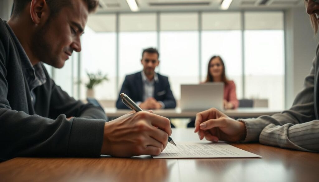 A warm, inviting scene depicting two individuals signing a joint personal loan agreement. In the foreground, a close-up of their hands as they hold a pen and review the contract, conveying a sense of collaboration and shared responsibility. In the middle ground, the loan officers sit across the table, dressed professionally and projecting an air of trust and expertise. The background features a modern, well-lit office setting with clean lines and subtle hints of the company's branding. The overall atmosphere is one of cautious optimism, as the individuals navigate the process of securing a joint personal loan together. A warm, inviting scene depicting two individuals signing a joint personal loan agreement. In the foreground, a close-up of their hands as they hold a pen and review the contract, conveying a sense of collaboration and shared responsibility. In the middle ground, the loan officers sit across the table, dressed professionally and projecting an air of trust and expertise. The background features a modern, well-lit office setting with clean lines and subtle hints of the company's branding. The overall atmosphere is one of cautious optimism, as the individuals navigate the process of securing a joint personal loan together.