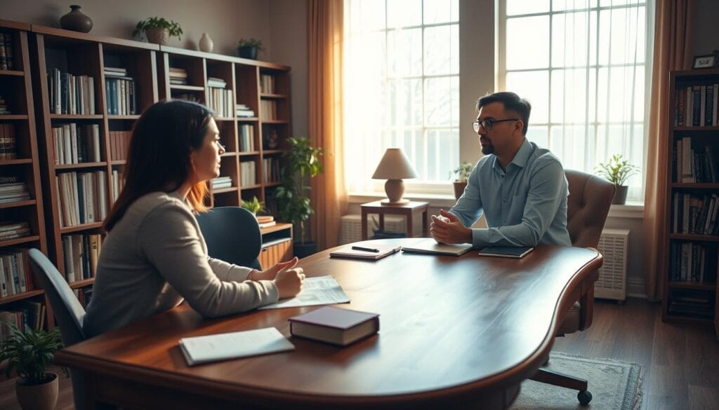 A warm, welcoming office setting with a financial advisor guiding a client through credit counseling. The advisor sits across a sturdy wooden desk, deep in discussion, while the client listens intently. Soft, natural lighting filters through large windows, casting a calming glow. Bookshelves line the walls, hinting at the depth of financial expertise. The atmosphere is one of trust and understanding, as the advisor offers solutions to help the client navigate their financial challenges. A sense of professionalism and care permeates the scene, reflecting the guidance and support available through credit counseling.
