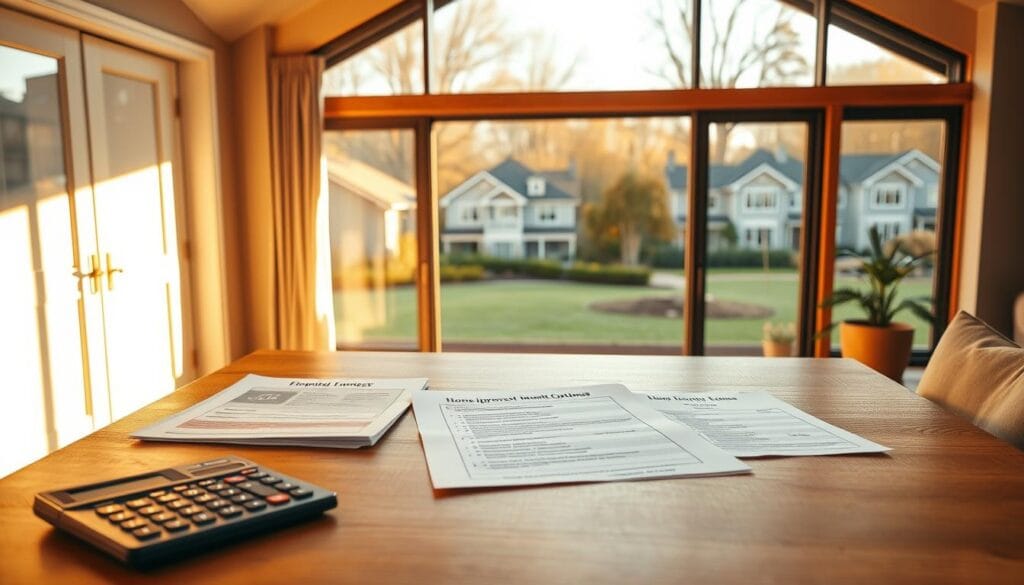 A warmly lit, modern home interior with a focus on a wooden table displaying various home improvement loan options. The table has different loan documents, paperwork, and a calculator, all neatly arranged. In the background, a large window showcases a picturesque suburban neighborhood, bathed in soft, golden afternoon light. The overall atmosphere is one of financial security, comfort, and the promise of home upgrades. The camera angle is slightly elevated, giving a sense of depth and emphasizing the centrality of the loan options on the table. A warmly lit, modern home interior with a focus on a wooden table displaying various home improvement loan options. The table has different loan documents, paperwork, and a calculator, all neatly arranged. In the background, a large window showcases a picturesque suburban neighborhood, bathed in soft, golden afternoon light. The overall atmosphere is one of financial security, comfort, and the promise of home upgrades. The camera angle is slightly elevated, giving a sense of depth and emphasizing the centrality of the loan options on the table.
