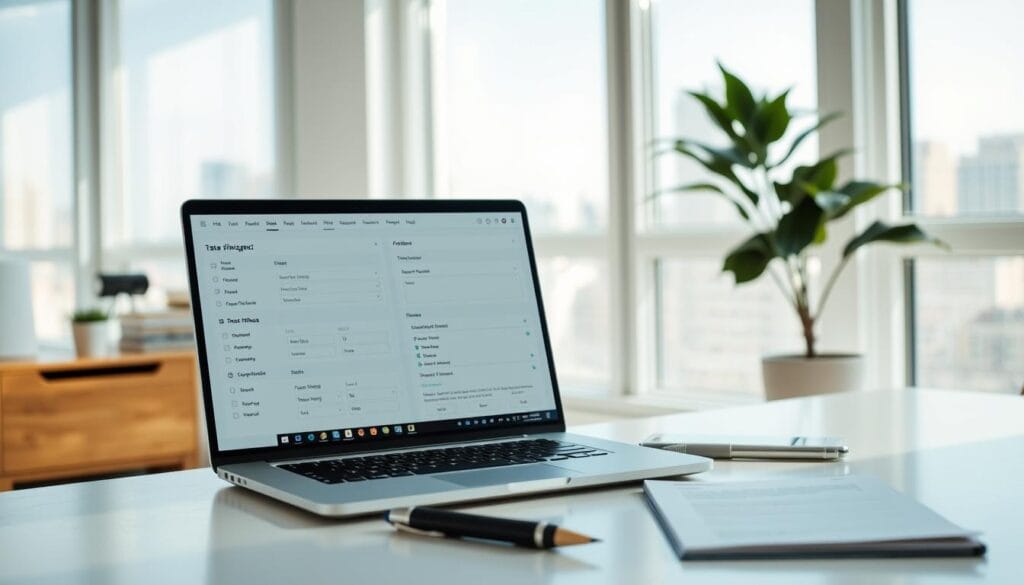 A well-designed state filing software user interface dominates the frame, showcasing a clean, modern aesthetic. Soft natural lighting filters through large windows, creating a serene, professional atmosphere. In the foreground, a laptop displays the software's streamlined tax filing workflow, with intuitive menus and data entry fields. The middle ground features an organized desk setup, complete with a pen, notepad, and other essential tax preparation tools. The background subtly hints at a home office or small business setting, with minimalist decor and a glimpse of a city skyline through the windows, conveying a sense of productivity and efficiency.