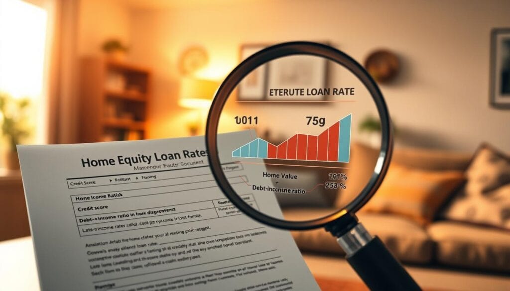 A well-lit and detailed illustration of the key factors influencing home equity loan rates. In the foreground, a magnifying glass examines a home loan document, highlighting crucial details like credit score, home value, and debt-to-income ratio. In the middle ground, a chart or graph visualizes the relationship between these factors and the resulting loan rates. In the background, a cozy domestic scene with a comfortable home interior sets the stage. Use a high-resolution camera lens, warm lighting, and a realistic, photorealistic style to convey the informative yet approachable nature of the subject matter. A well-lit and detailed illustration of the key factors influencing home equity loan rates. In the foreground, a magnifying glass examines a home loan document, highlighting crucial details like credit score, home value, and debt-to-income ratio. In the middle ground, a chart or graph visualizes the relationship between these factors and the resulting loan rates. In the background, a cozy domestic scene with a comfortable home interior sets the stage. Use a high-resolution camera lens, warm lighting, and a realistic, photorealistic style to convey the informative yet approachable nature of the subject matter.