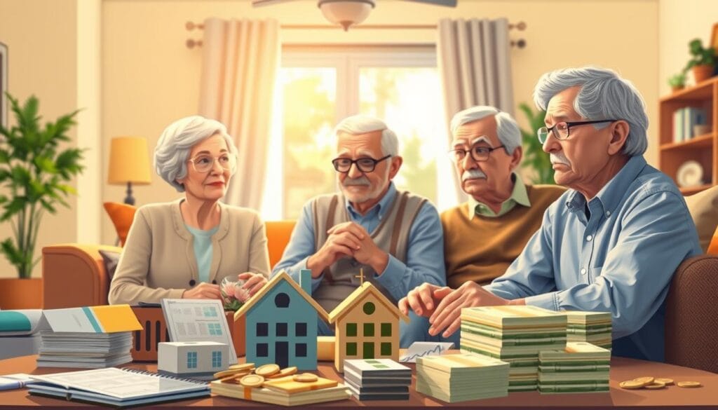 A well-lit and detailed illustration showcasing alternatives to a reverse mortgage. In the foreground, a diverse array of financial solutions is prominently displayed, including traditional mortgages, home equity loans, investment portfolios, and retirement savings plans. The middle ground features elderly individuals evaluating their options, their expressions conveying thoughtfulness and consideration. In the background, a warm, inviting domestic setting with natural lighting and cozy furnishings sets the tone. The overall composition emphasizes the importance of carefully weighing financial decisions in one's later years, with the alternatives to a reverse mortgage presented as viable, thoughtful choices. A well-lit and detailed illustration showcasing alternatives to a reverse mortgage. In the foreground, a diverse array of financial solutions is prominently displayed, including traditional mortgages, home equity loans, investment portfolios, and retirement savings plans. The middle ground features elderly individuals evaluating their options, their expressions conveying thoughtfulness and consideration. In the background, a warm, inviting domestic setting with natural lighting and cozy furnishings sets the tone. The overall composition emphasizes the importance of carefully weighing financial decisions in one's later years, with the alternatives to a reverse mortgage presented as viable, thoughtful choices.